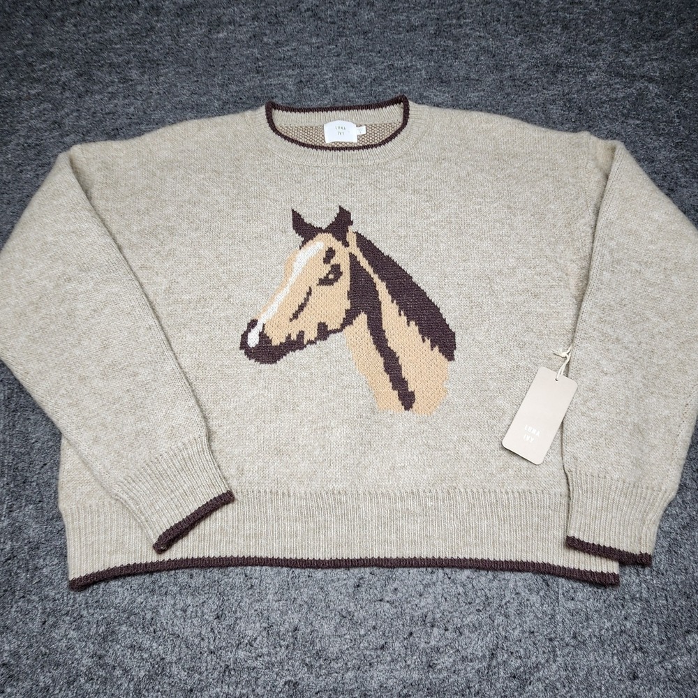 Luna Ivy Anthropologie Brown Horse Equestrian Western Cropped Sweater Small NWT